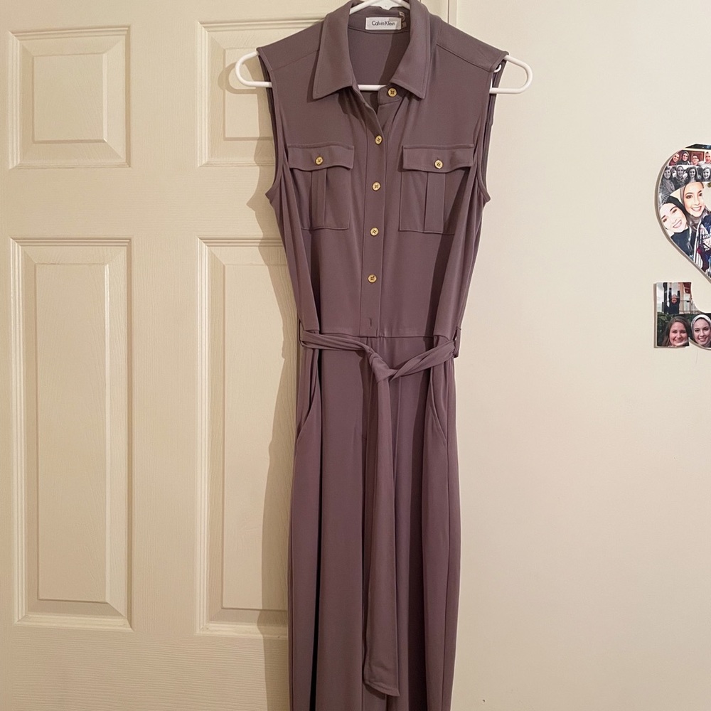 Calvin Klein Taupe Jumpsuit gold buttons & POCKETS